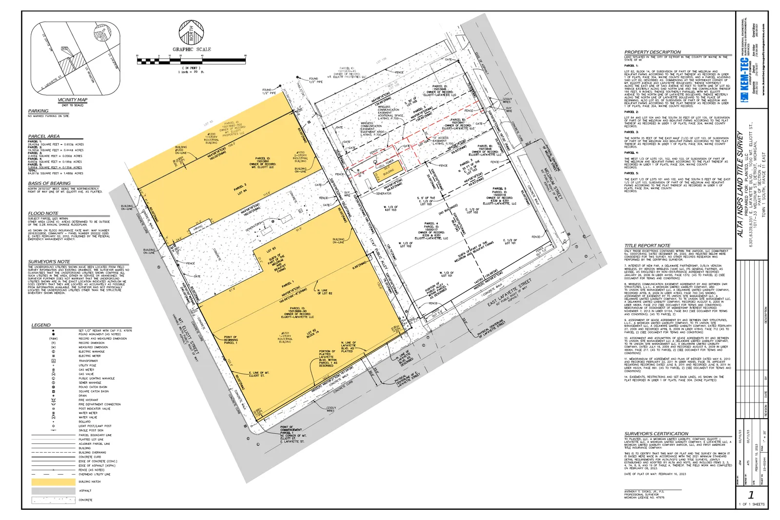 Site plan showing the five parcels and both buildings