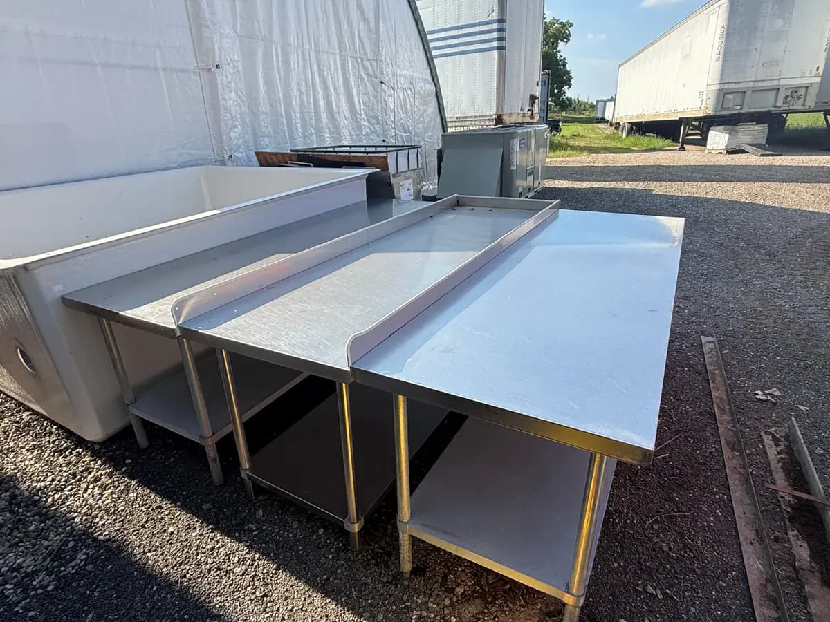 (3) Commercial Stainless Steel Tables — Dish/Drainboard & Work Tables