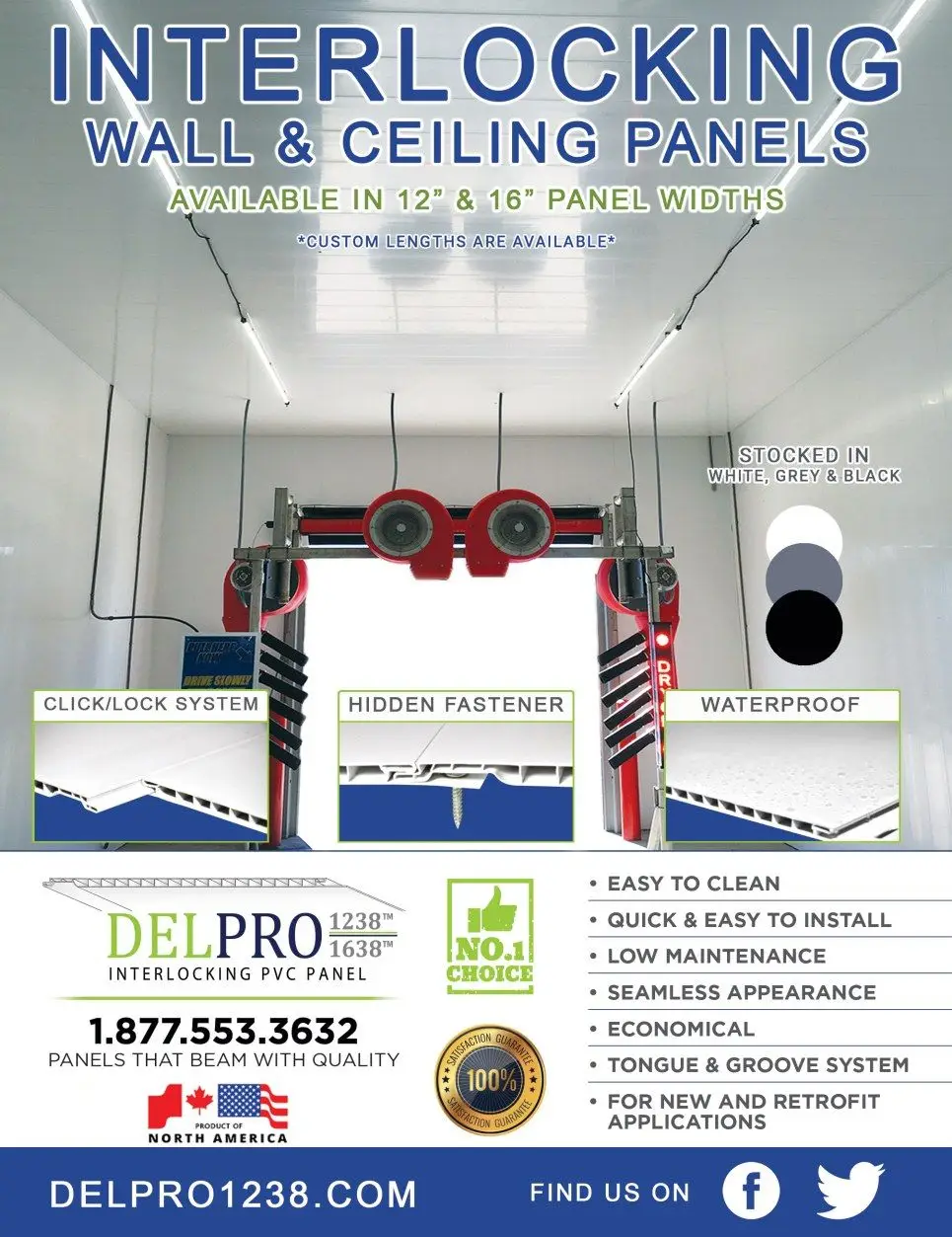(90) DelPro 1638 Interlocking PVC Wall & Ceiling Panels, 16" x 3/8" x 18' - Full Pallet, 2,160 sq ft, NEW | Plant-Direct, FOB Origin