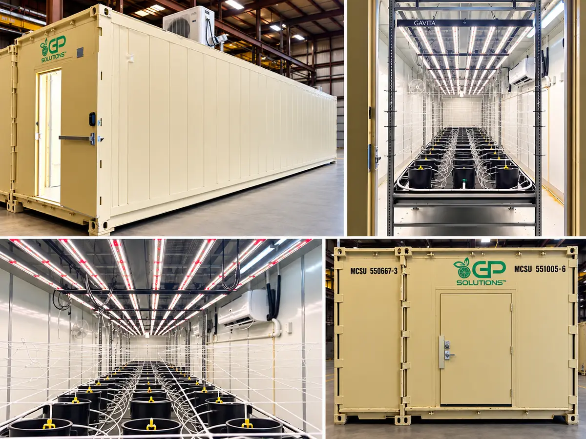 40' Modular Container Grow Pod – 8 Tables, 8 Gavita LED, ~6-Ton A/C, Quest 225 Dehumidifier (Used) – Skiatook, OK