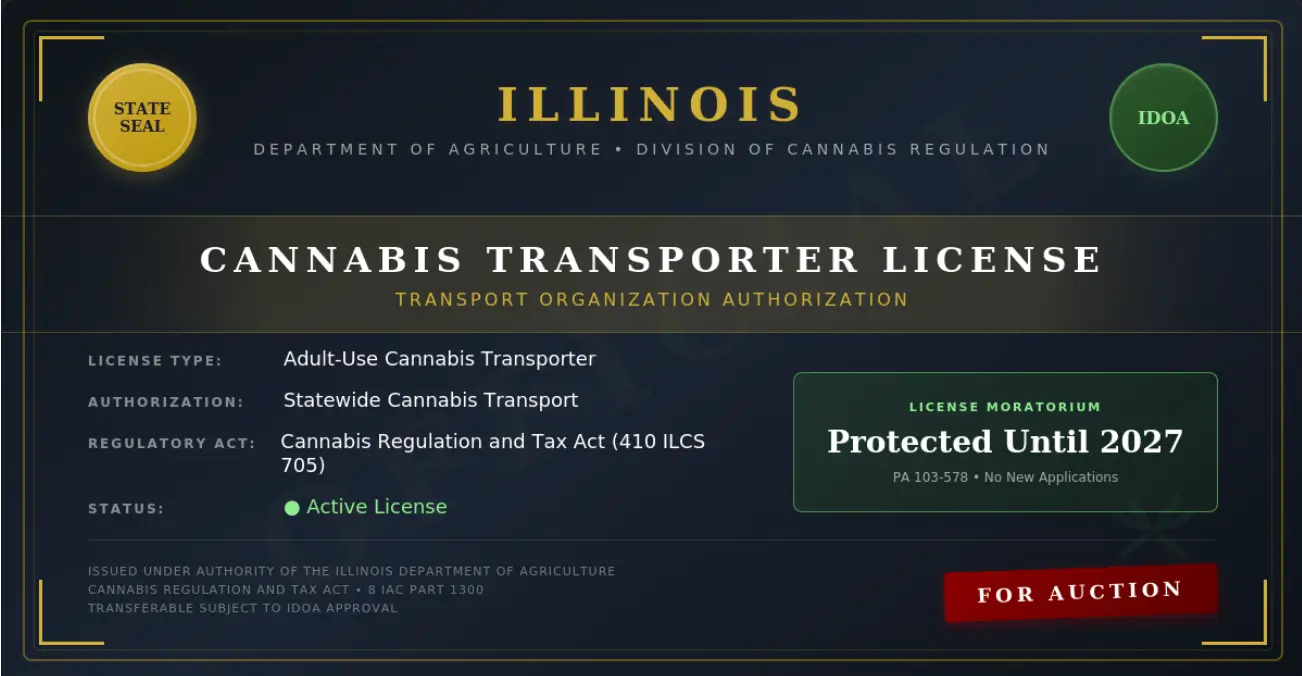 Illinois Cannabis Transporter Organization License - Active State License, Moratorium Protected Until 2027, Unlimited Transport Authority