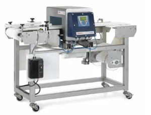 Used Apex 500 Rx Metal Detector with Conveyor System encased in a stainless steel case, stationed in Wisconsin for pharmaceutical metal detection.