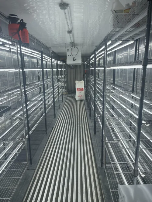 Inside view of a 40-foot reefer container with electrical setup and LED lighting.