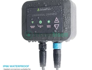 Three GrowFlux Universal Dimmers and one GrowFlux Access Point in different configurations, set in a greenhouse environment with plants and grow lights.