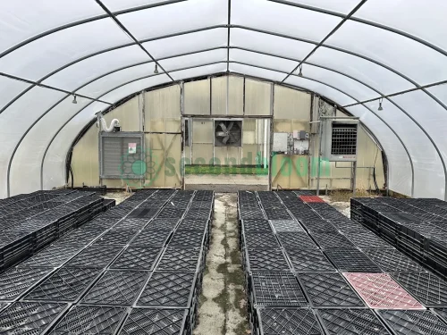 Interior view of the fan and heater end of the X.S. Smith Quonset Cold Frame greenhouse labeled CF02 at White's Greenhouse Auction on SecondBloom Auctions platform, featuring essential fan and heater equipment.