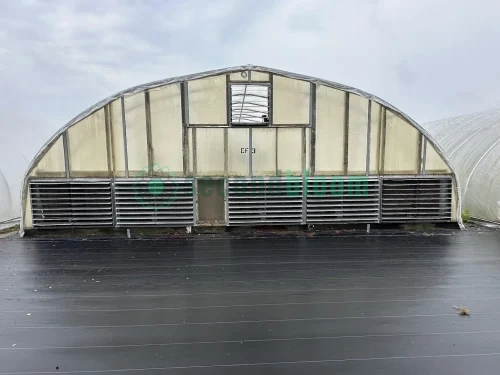 Interior view of the vent end of the X.S. Smith Quonset Cold Frame greenhouse labeled CF03 at White's Greenhouse Auction on SecondBloom Auctions platform, featuring essential vent equipment.