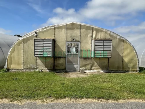 Exterior view of the fan end of the X.S. Smith Quonset greenhouse labeled GH17 at White's Greenhouse Auction on SecondBloom Auctions platform, featuring essential fan equipment.