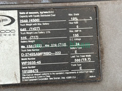 Close-up of the nameplate on a Crown WP3035-45 electric pallet jack.