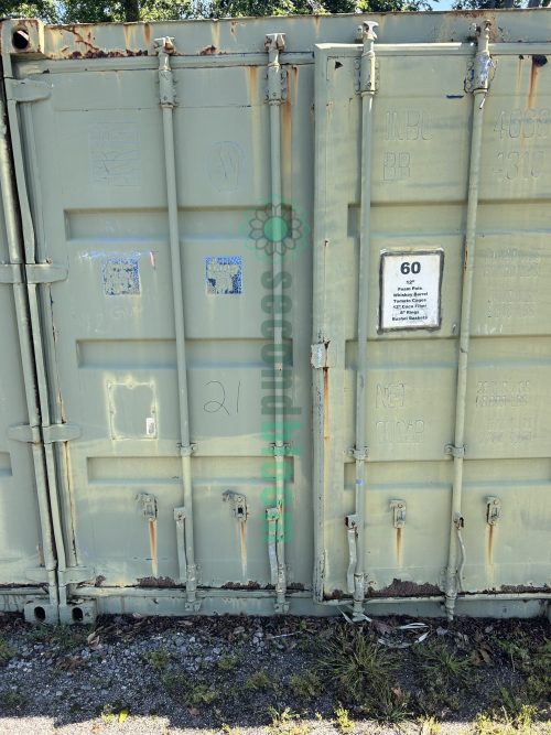 End view of a 40' shipping container available for auction at Secondbloom Auctions.