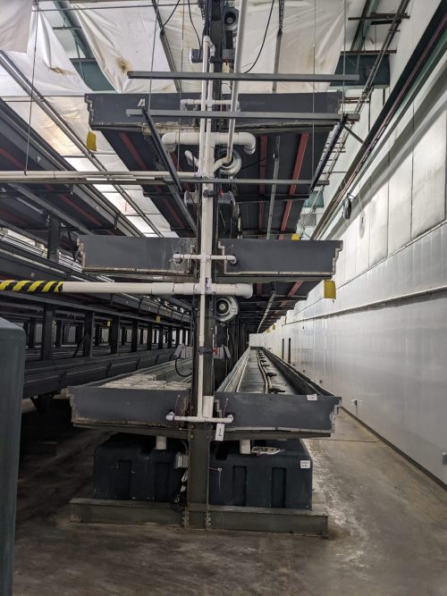 A detailed view of a vertical farm system installed at Your Local Greens in Burlington, North Carolina, featuring multi-level growing trays previously part of the FarmedHere system in Bedford Park, IL.