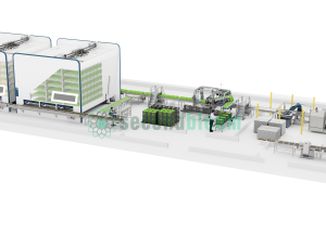 An automated vertical farming system showcasing multiple climate-controlled growing cells, conveyors, and storage tanks, with workers operating various processing stations.