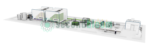 An automated vertical farming system showcasing multiple climate-controlled growing cells, conveyors, and storage tanks, with workers operating various processing stations.