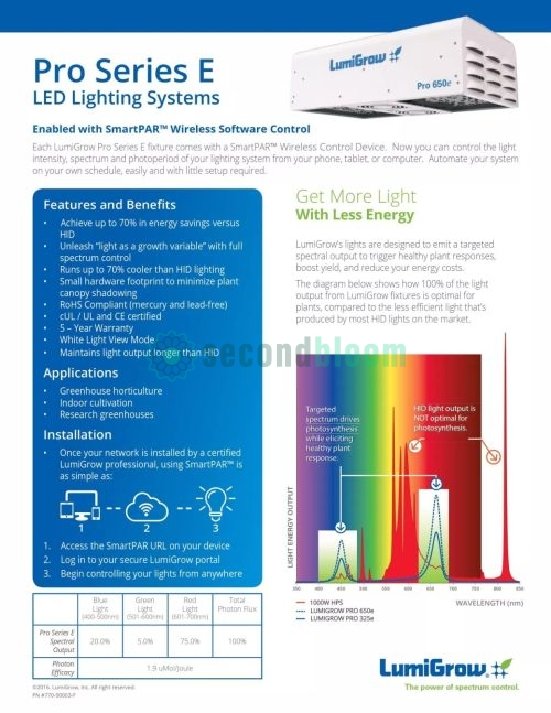 Information sheet describing LumiGrow Pro Series E LED lighting systems.