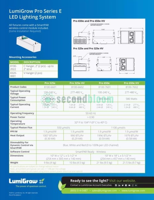 Technical specifications for LumiGrow Pro 650E HV LED lighting system.