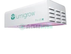 Front view of LumiGrow Pro 650E HV emitting a soft pink light.