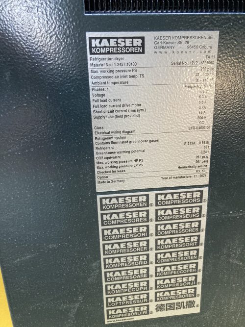 Kaeser Kompressoren refrigeration dryer specifications label.