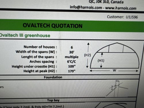 Technical quotation diagram for Ovaltech III greenhouse showing cross-sectional view with dimensions: 6 houses, 30-foot width spans, 109-inch height under crosstie, 179-inch peak height, and 6-foot center-to-center arch spacing. Customer number U1J596.
