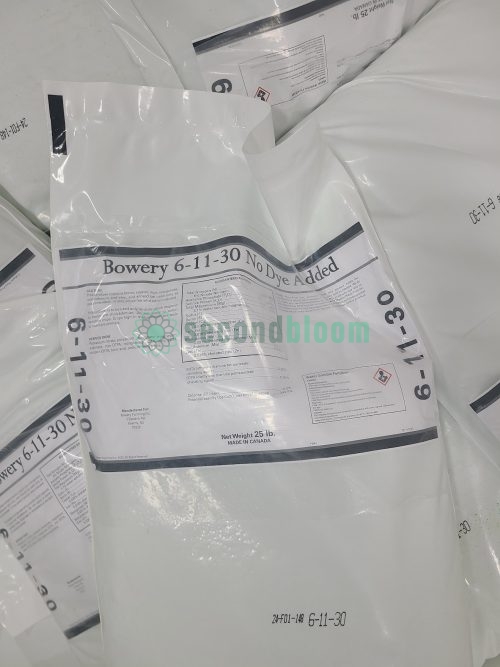 Close-up of Bowery 6-11-30 No Dye Added water-soluble fertilizer bag showing guaranteed analysis for CEA applications