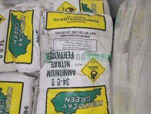Kentucky Green 34-0-0 Ammonium Nitrate Fertilizer bags stacked for controlled environment agriculture applications showing oxidizer labeling
