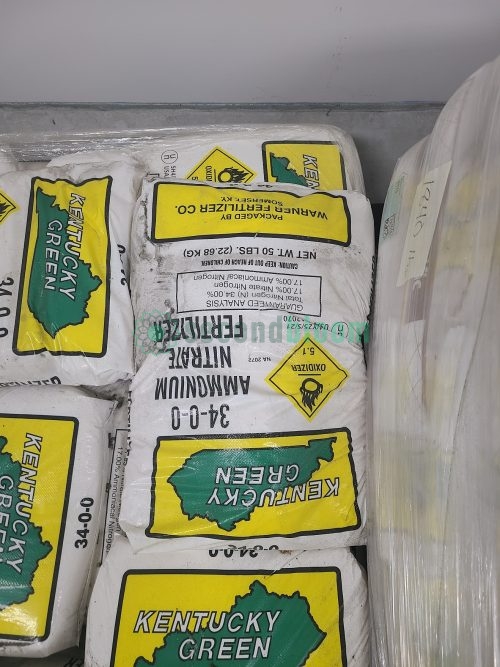 Kentucky Green 34-0-0 Ammonium Nitrate Fertilizer bags stacked for controlled environment agriculture applications showing oxidizer labeling