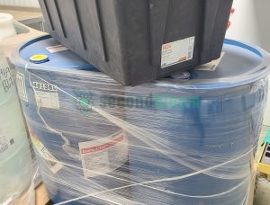 Wrapped Ecolab Oxonia Active sanitizer drums on pallet with HDX storage tote showing proper storage for controlled environment agriculture sanitizers