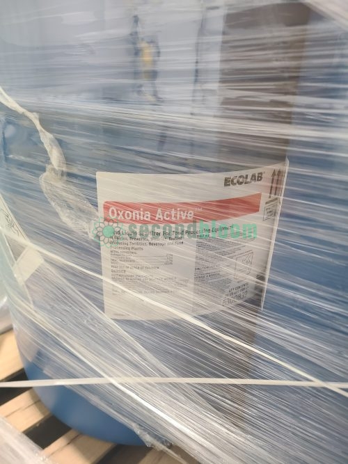 Ecolab Oxonia Active peroxyacetic acid sanitizer drum pallet wrapped for safe transport to controlled environment agriculture facilities