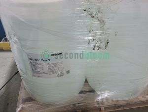 Pallet of multiple Ecolab Quorum Clear V sanitizer drums shrink-wrapped for agricultural and food processing applications