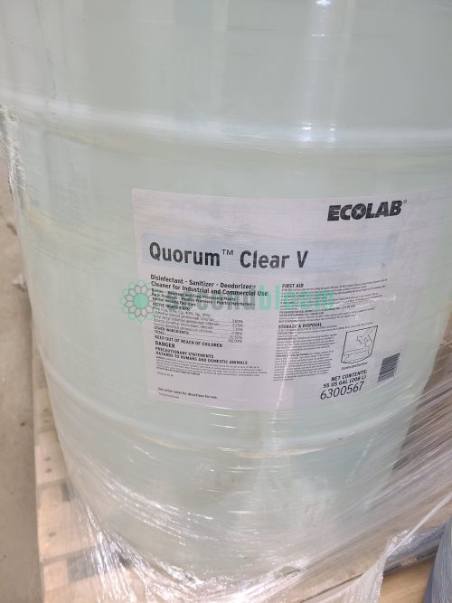 Ecolab Quorum Clear V 55-gallon drum showing disinfectant, sanitizer, and deodorizer labeling for food processing and controlled environment agriculture