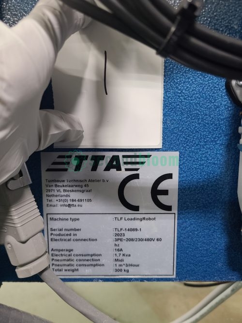 TTA TLF Loading Robot specifications plate showing model TLF-14089-1 serial number and technical details