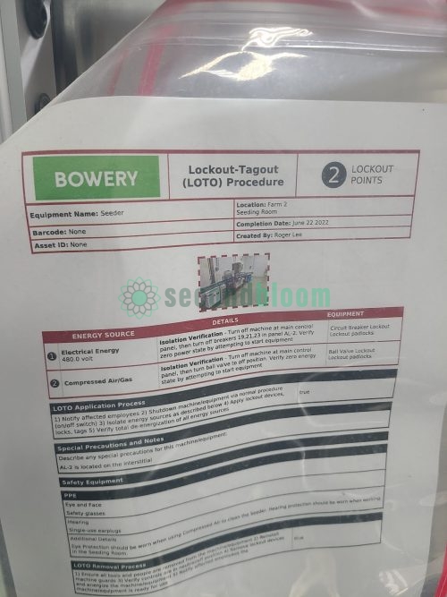 Bowery Farming lockout-tagout procedure document for seeder equipment showing safety protocols