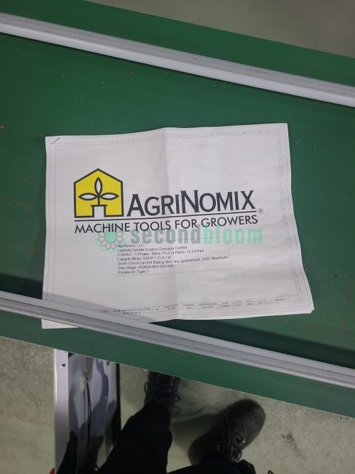 AgriNomix LLC custom conveyor control label showing electrical specifications for Lamela Seeder