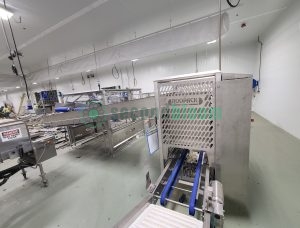 Roopack filling equipment with control panel, conveyor belt system, and access door in vertical farming facility