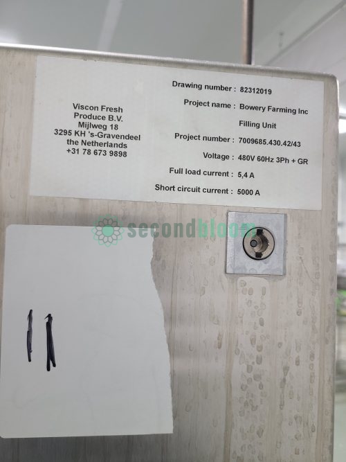 Viscon Fresh Produce manufacturer label showing Bowery Farming filling unit specifications and electrical details