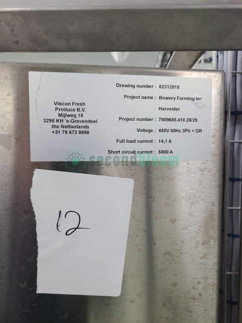 Viscon Fresh Produce manufacturer label showing Bowery Farming harvester specifications and electrical details