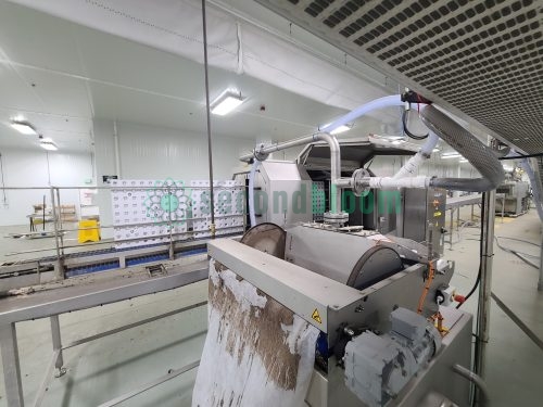 Viscon washing system showing drum assembly, ventilation connections, and drive motor in food processing facility