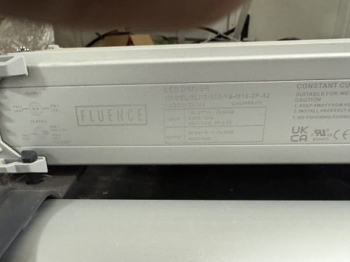 Zoomed-in label of Fluence LED driver with electrical specs