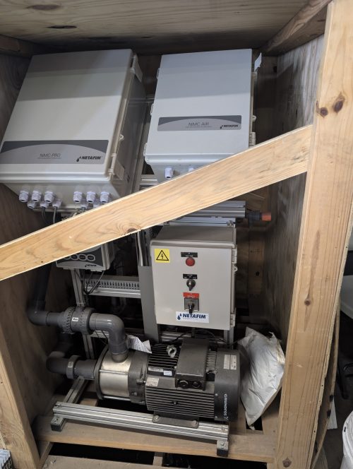 New Netafim Fertikit 3G fertigation system in original wooden shipping crate ready for greenhouse installation