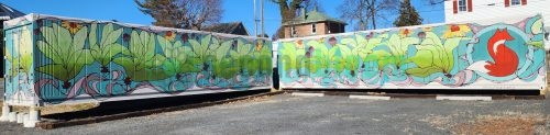 Two blue Freight Farms Greenery S shipping container farms with colorful murals featuring aquatic plants, flowers, and a red fox, positioned in an L-shape configuration on asphalt