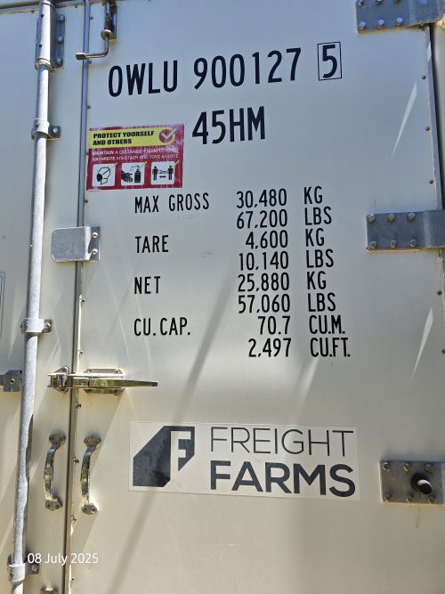Freight Farms controlled environment agriculture container specifications showing weight data and vertical farming facility details
