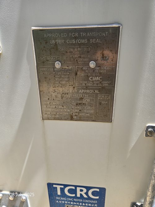 Official certification plate for Freight Farms controlled environment agriculture container showing transport specifications