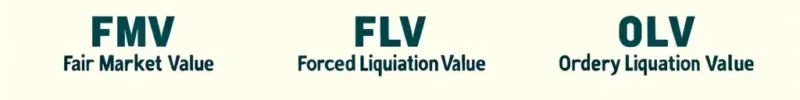 A minimalist infographic highlighting the three primary valuation methods for Controlled Environment Agriculture equipment: FMV (Fair Market Value), FLV (Forced Liquidation Value), and OLV (Orderly Liquidation Value), set against a subtle background of finance-related symbols like currency, graphs, and charts, designed to provide clarity and insight into the strategic importance of these valuations in the CEA industry.
